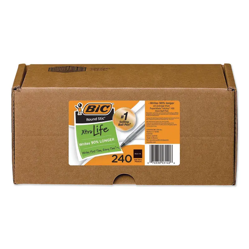 BIC Round Stic Xtra Life Ballpoint Pen Xtra-Value Pack, Stick, Medium 1 mm, Black Ink, Translucent Frost Barrel, 240/Carton (BICGSM240BK) Case of 240