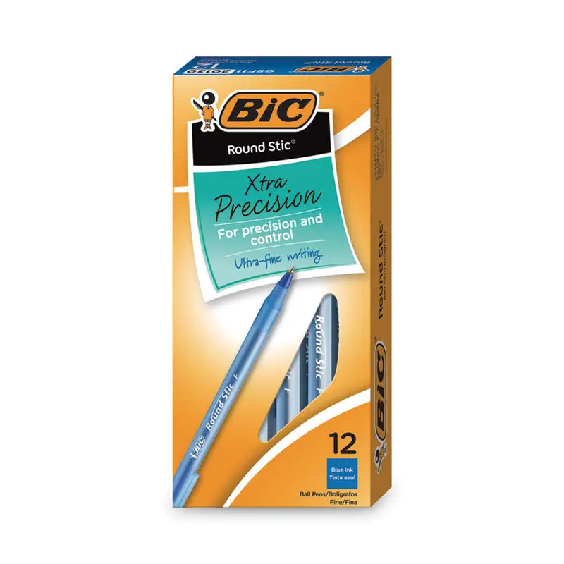 BIC Round Stic Xtra Precision Ballpoint Pen, Stick, Fine 0.8 mm, Blue Ink, Translucent Blue Barrel, Dozen (BICGSF11BE) 1 Dozen