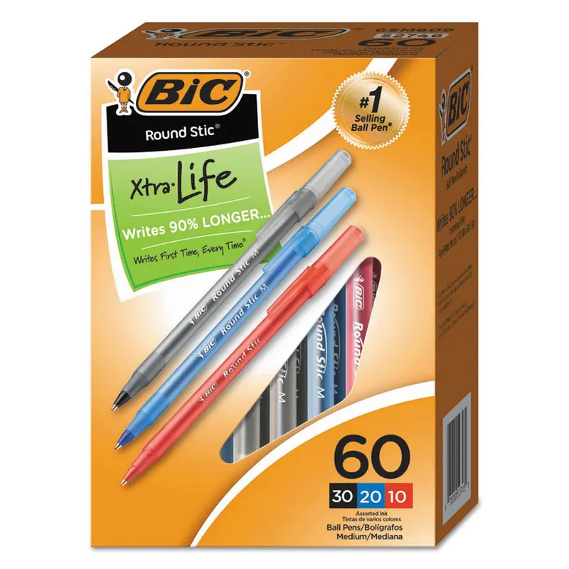 BIC Round Stic Xtra Precision Ballpoint Pen Value Pack, Stick, Medium 1 mm, Assorted Ink and Barrel Colors, 60/Pack (BICGSM609AST) Pack of 60