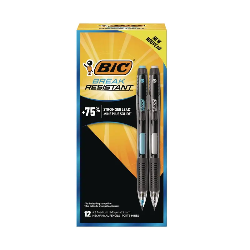 BIC Break-Resistant Mechanical Pencils with Erasers, 0.7 mm, HB (#2), Black Lead, Assorted Barrel Colors, 12/Pack (BICMV7PR11BLK) Pack of 12