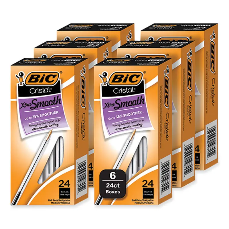 BIC Cristal Xtra Smooth Ballpoint Pen, Stick, Medium 1 mm, Black Ink, Clear Barrel, 24/Box, 6 Boxes/Pack (BICMS144EBLK) Pack of 144