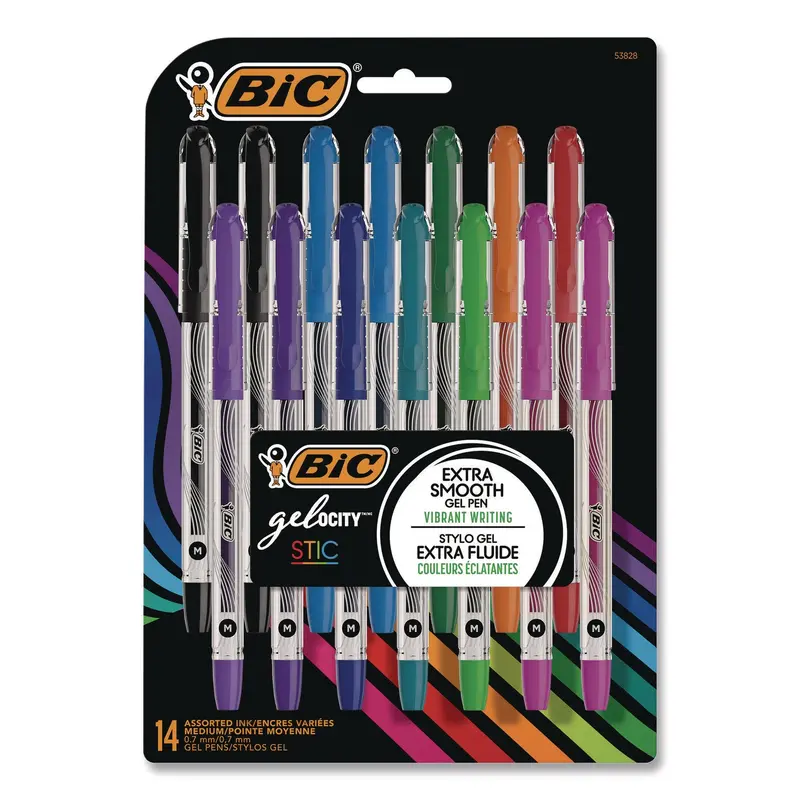 BIC Gel-ocity STIC Gel Pen, Stick, Medium 0.7 mm, Randomly Selected Ink and Barrel Color Assortment, 14/Pack (BICRGSMP14AST) Pack of 14