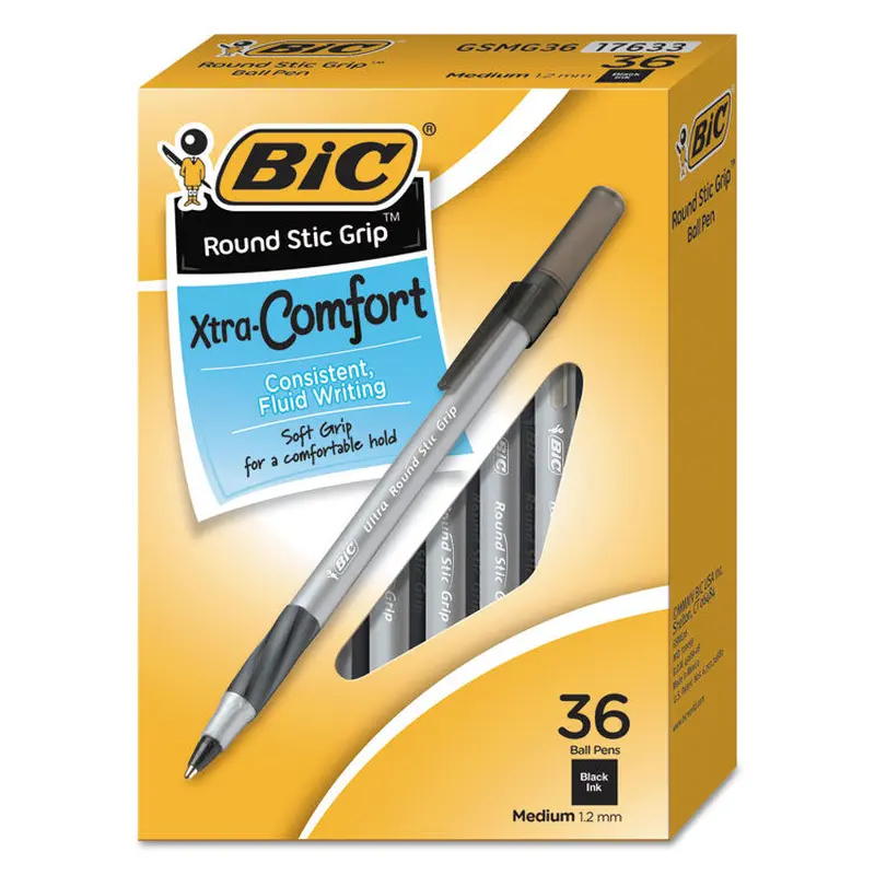 BIC Round Stic Grip Xtra Comfort Ballpoint Pen Value Pack, Easy-Glide, Stick, Medium 1.2 mm, Black Ink, Gray/Black Barrel, 36/PK (BICGSMG361BK) Pack of 36