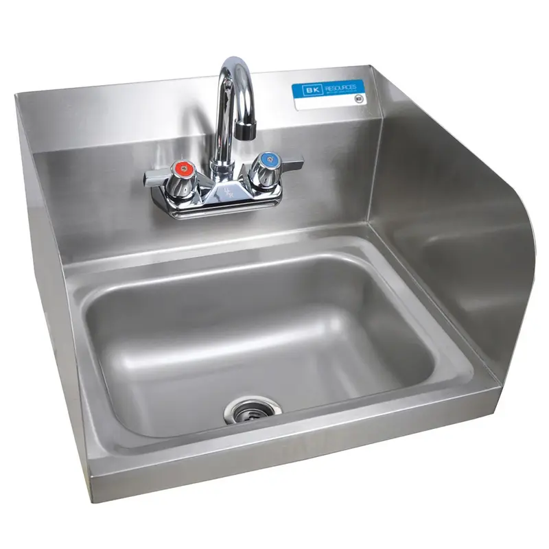 BK Resources Stainless Steel Hand Sink with Side Splashes and Faucet, 14" l x 10" w x 5" h (BKEHSW1410SSP) Each