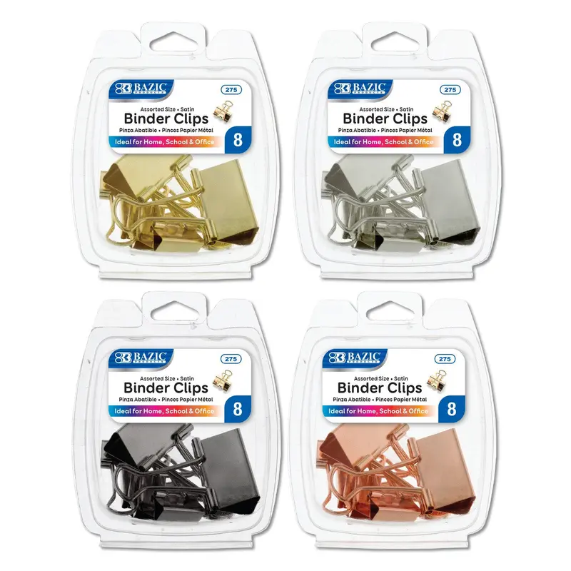 BINDER CLIP ASSORTED SIZE SATIN 8/PK