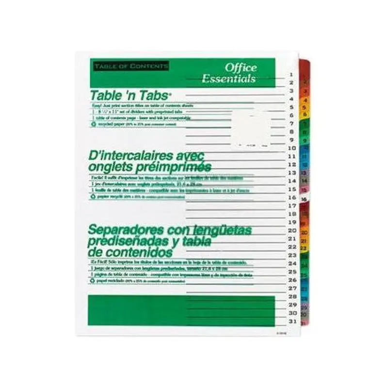 TABLE 'N TABS DIVIDERS 1-31 LETTER MULTICOLOR