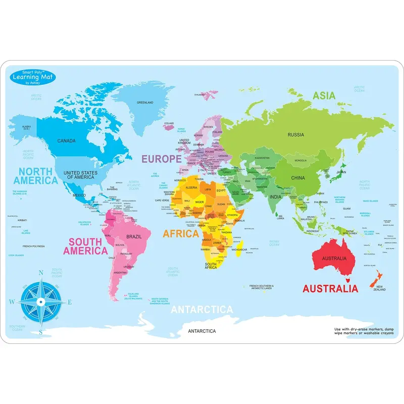 Ashley World Map Basic Smart Poly Learning Mat 13" x 19" (ASH95002)