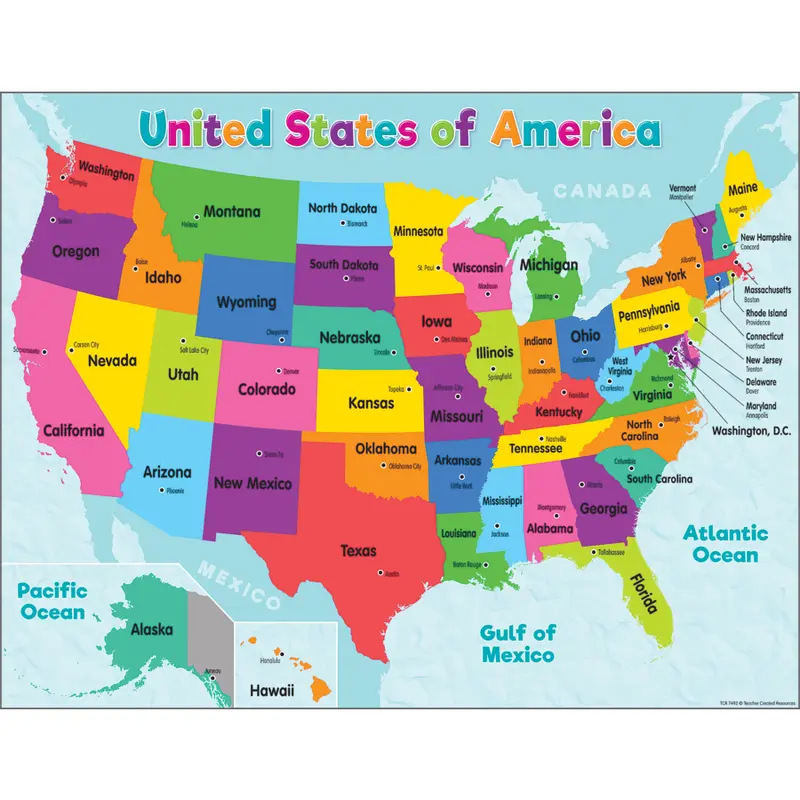 Teacher Created Colorful United States of America Map Poster Chart 17" x 22" (TCR 7492)