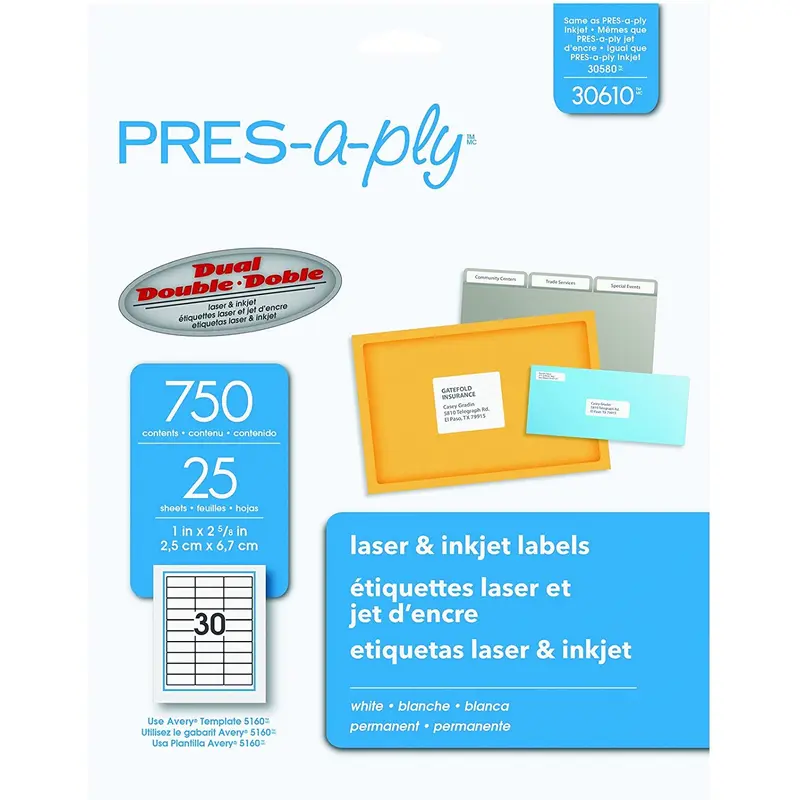 Avery 30610 Pres-A-Ply Laser Address Labels, 1 x 2-5/8, White, 750/Pack