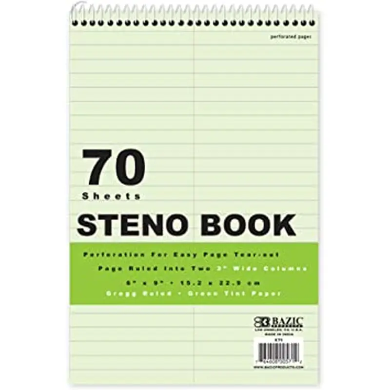 BAZIC 80CT. 6" * 9" GREEN TINT GREGG RULED STENO BOOK
