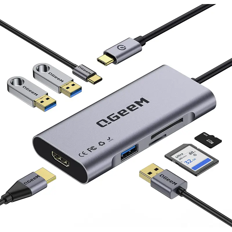 USB C Hub, QGeeM USB C to HDMI Multiport Adapter 4k, 7 in 1 USB C Dongle with 100W Power Delivery,3 USB 3.0 Ports, SD/TF Card Reader