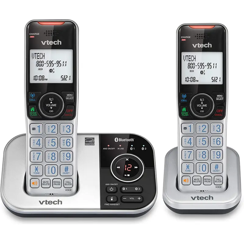VTECH VS112-2 DECT 6.0 Bluetooth 2 Handset Cordless Phone for Home with Answering Machine, Call Blocking, Caller ID, Intercom and Connect to Cell (Silver & Black)