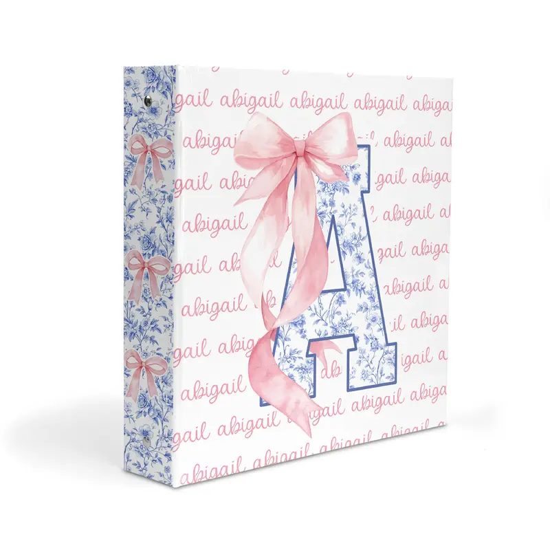 Blue Pink Toile Coquette Bow Chinoiserie Flowers Personalized Custom 2" 3 Ring Binder  School Office Supplies
