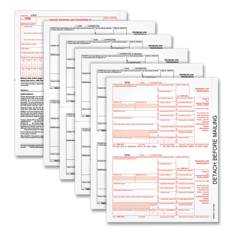 1099-DIV Tax Forms for Inkjet/Laser Printers, Fiscal Year: 2023, Five-Part Carbonless, 8 x 5.5, 2 Forms/Sheet, 24 Forms Total