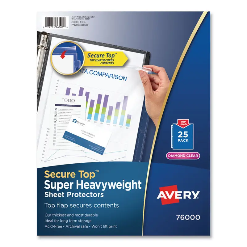 Secure Top Sheet Protectors, Super Heavy Gauge, Letter, Diamond Clear, 25/Pack