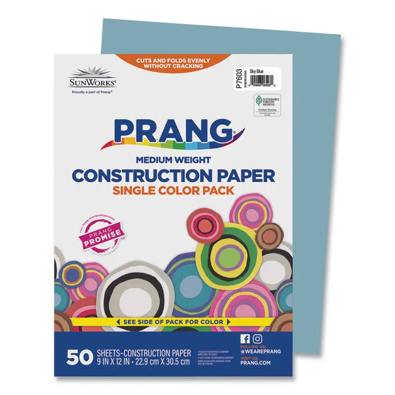 SunWorks Construction Paper, 50 lb Text Weight, 9 x 12, Sky Blue, 50/Pack