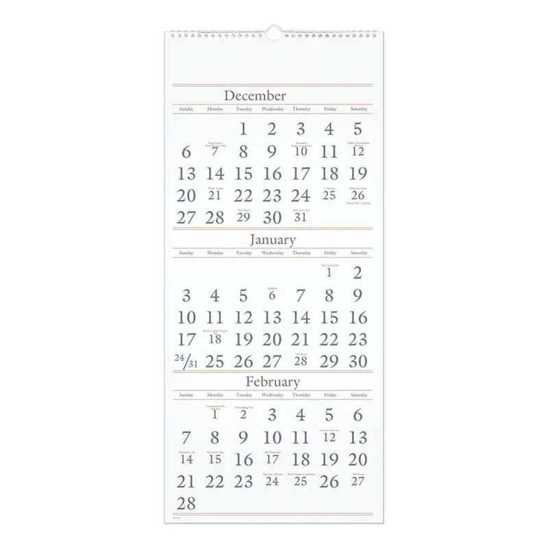 Three-Month Reference Wall Calendar, 12 x 27, White Sheets, 15-Month: Dec 2024 to Feb 2026
