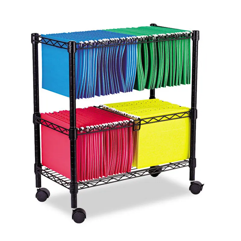 Two-Tier File Cart for Front-to-Back   Side-to-Side Filing, Metal, 1 Shelf, 3 Bins, 26" x 14" x 29.5", Black