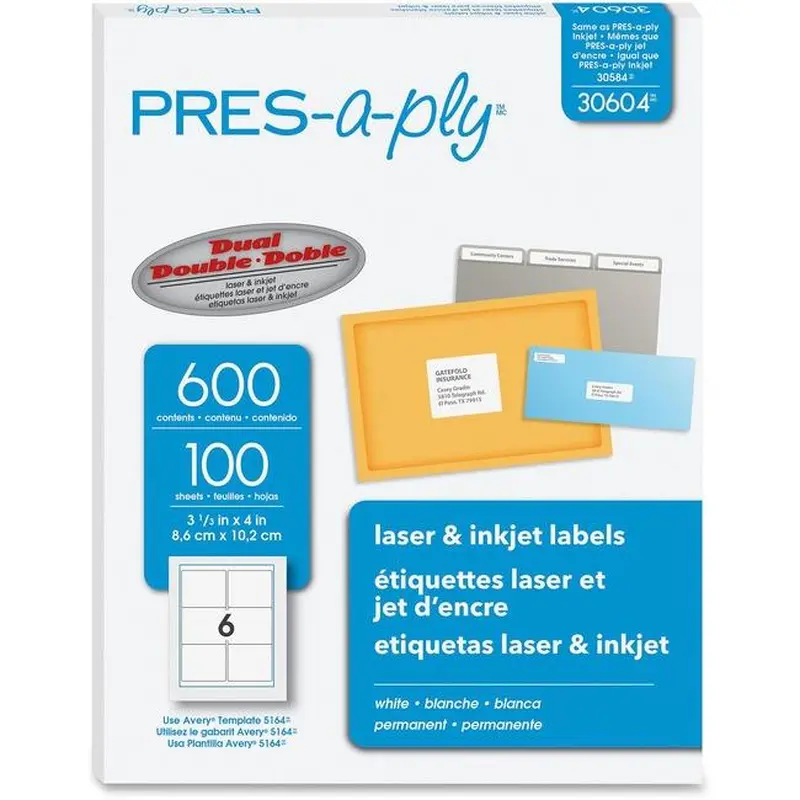 30604 PRESAPLY LABEL LASER 3 1/3" X 4" WHITE 600 LABELS