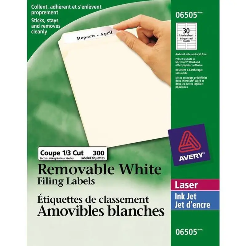 6505 FILING LABELS 37/16" X 2/3" REMOVABLE WHITE 10 SHE