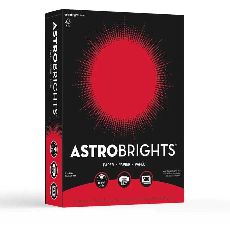 Astrobrights Inkjet, Laser Colored Paper - Letter - 8 1/2" x 11" - 24 lb Basis Weight - Smooth - 500 / Pack - Re-entry Red