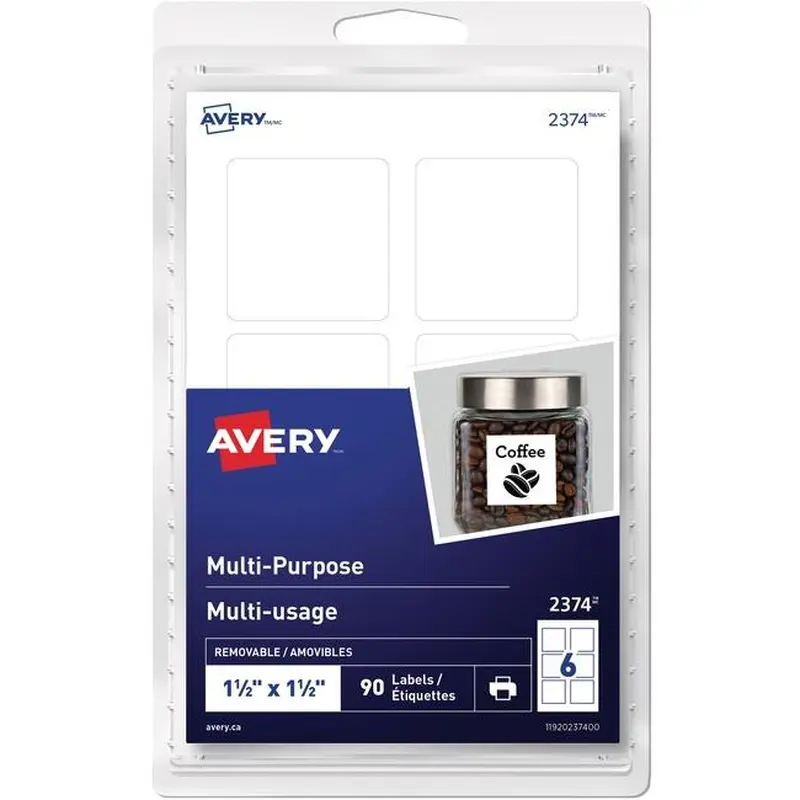 Avery Print or Write ID Labels 1 1/2" x 1 1/2", Removable, White, 90 / pkg