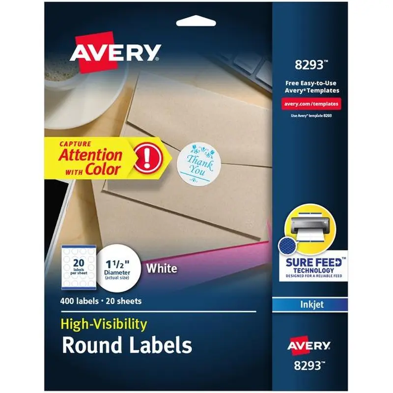 Avery Print-to-the-Edge Round Labels, Sure Feed(R), 400 1-1/2" , Labels (8293)