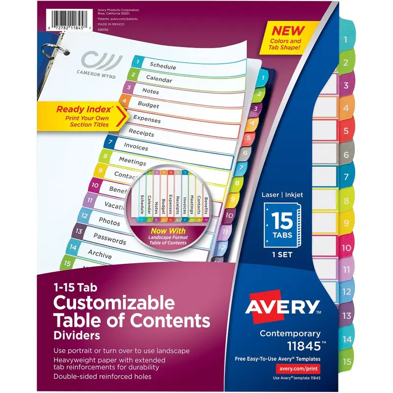 Avery® Ready Index 15 Tab Dividers, Customizable TOC, 1 Set (11845)