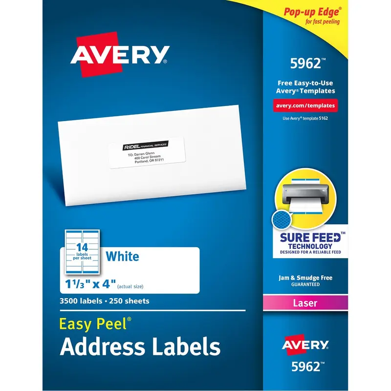 Avery® Easy Peel(R) Address Labels, Sure Feed(TM) Technology, Permanent Adhesive, 1-1/3" x 4" , 3,500 Labels (5962)