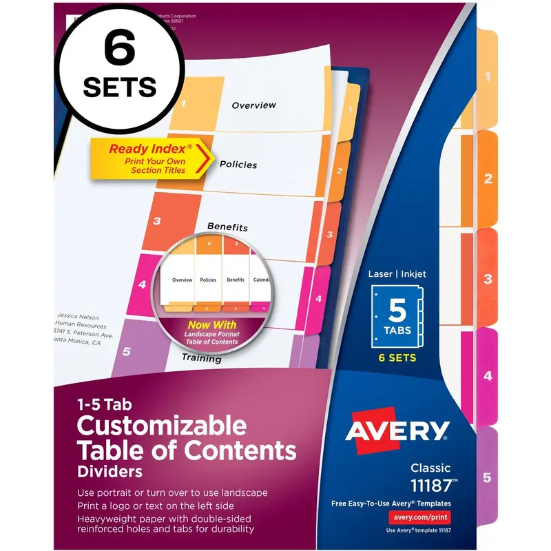Avery® Ready Index 5 Tab Dividers, Customizable TOC, 6 Sets (11187)