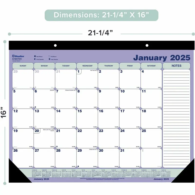 [English] Blueline Perforated Monthly Desk Pad 2025 Calendar 21-1/4" x 16" (Standard Size)