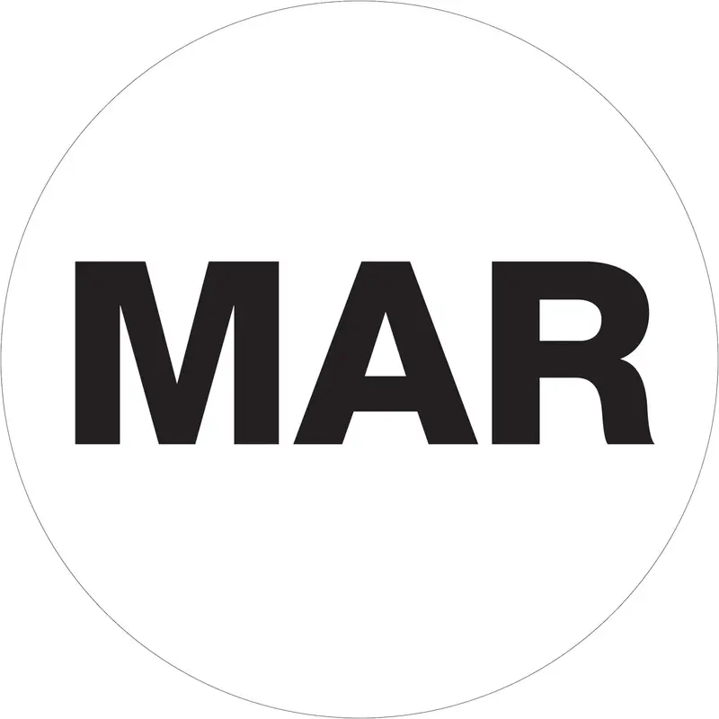 2" Circle - "MAR" (White) Months of the Year Labels 500/Roll