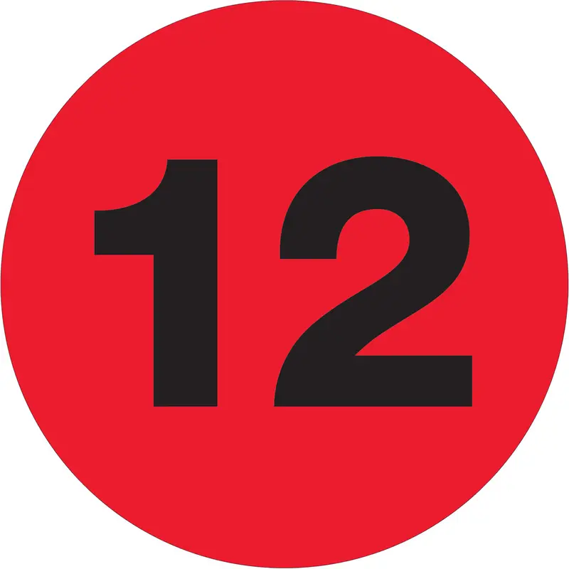 3" Circle - "12" (Fluorescent Red) Number Labels 500/Roll