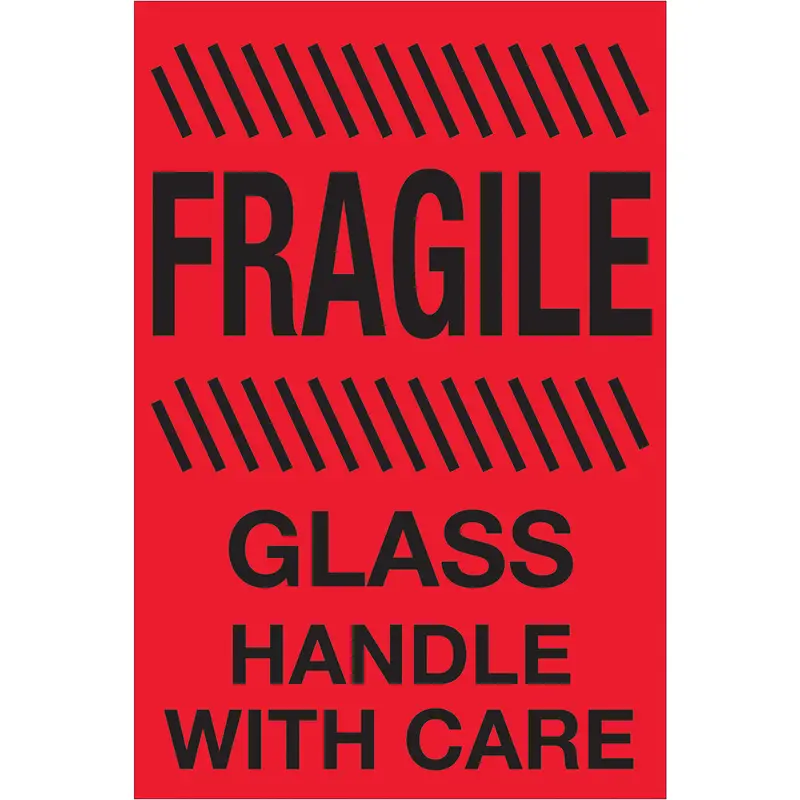 4 x 6" - "Fragile - Glass - Handle With Care" (Fluorescent Red) Labels 500/Roll