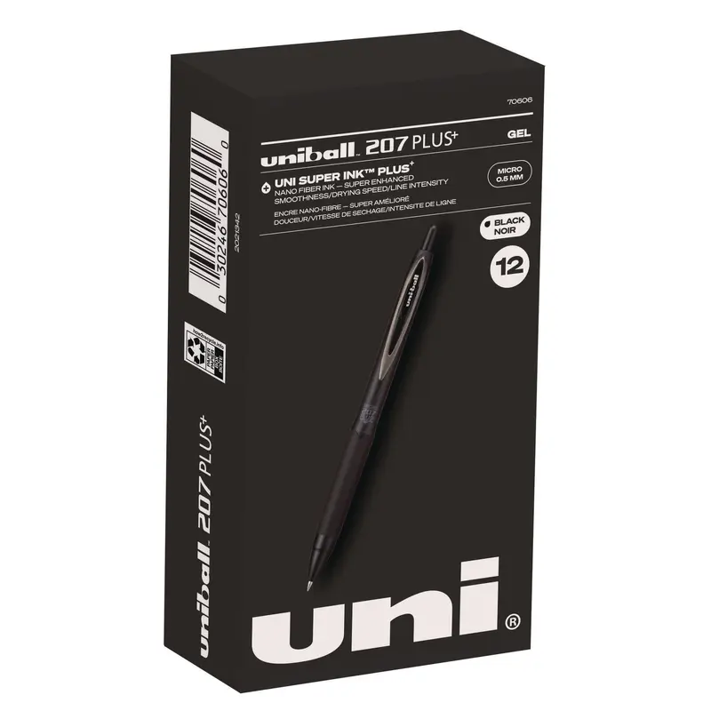 207 Plus  Gel Pen, Retractable, Micro 0.5 mm, Black Ink, Black Barrel, Dozen