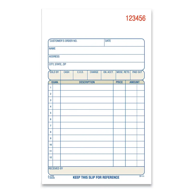 3-Part Sales Book, 12 Lines, Three-Part Carbonless, 4.19 x 7.19, 50 Forms/Pad, 10 Pads/Carton