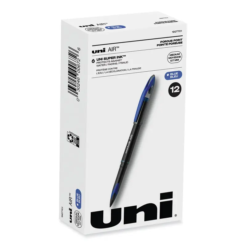 AIR Porous Roller Ball Pen, Stick, Medium 0.7 mm, Blue Ink, Black/Blue Barrel, Dozen