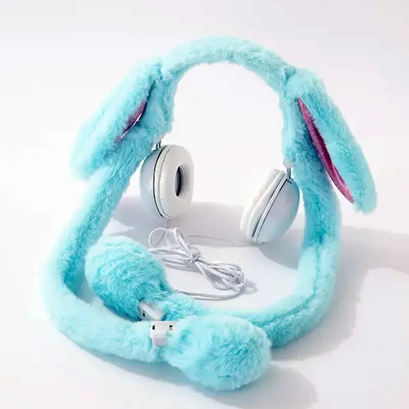 (Net)  Warm Earmuff LED Rabbit Ear Headphones - Creative Music Wired EarphonesBlue