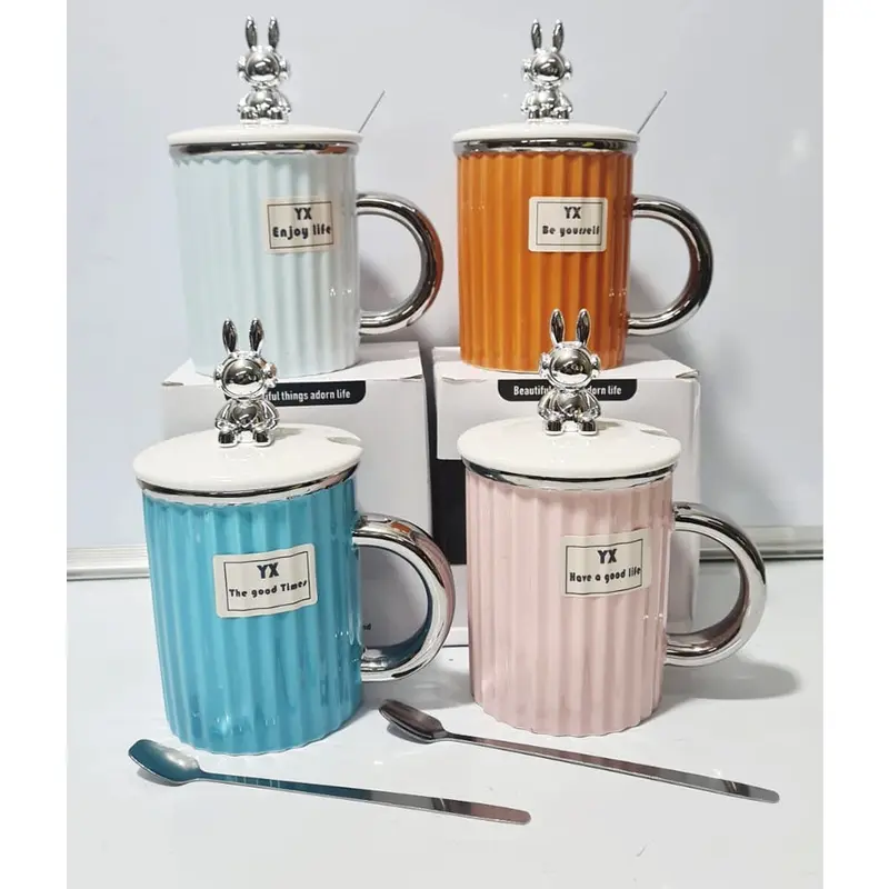 (Net) Elegant Ceramic Cup with Stainless Steel Handle and Matching CapBlue