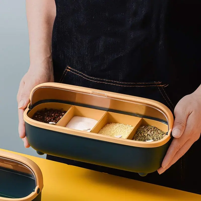 (net) Spice Bottle Four Compartment Condiment Spice Box,with Spoons,Suitable for KitchenPink