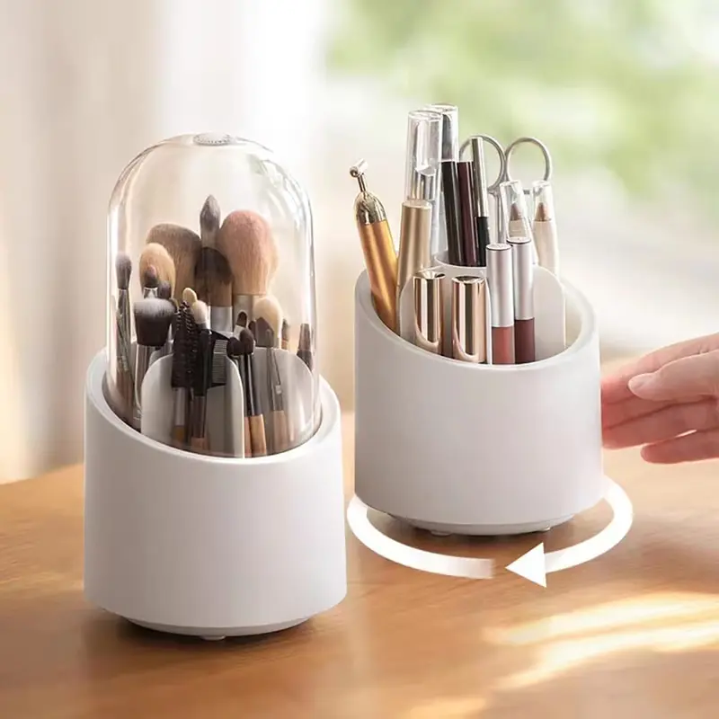 360  Rotating Makeup Brush Storage Box Portable Desktop Cosmetic Organizer Makeup Brush Holder With Lid Clear Acrylic CoverWhite