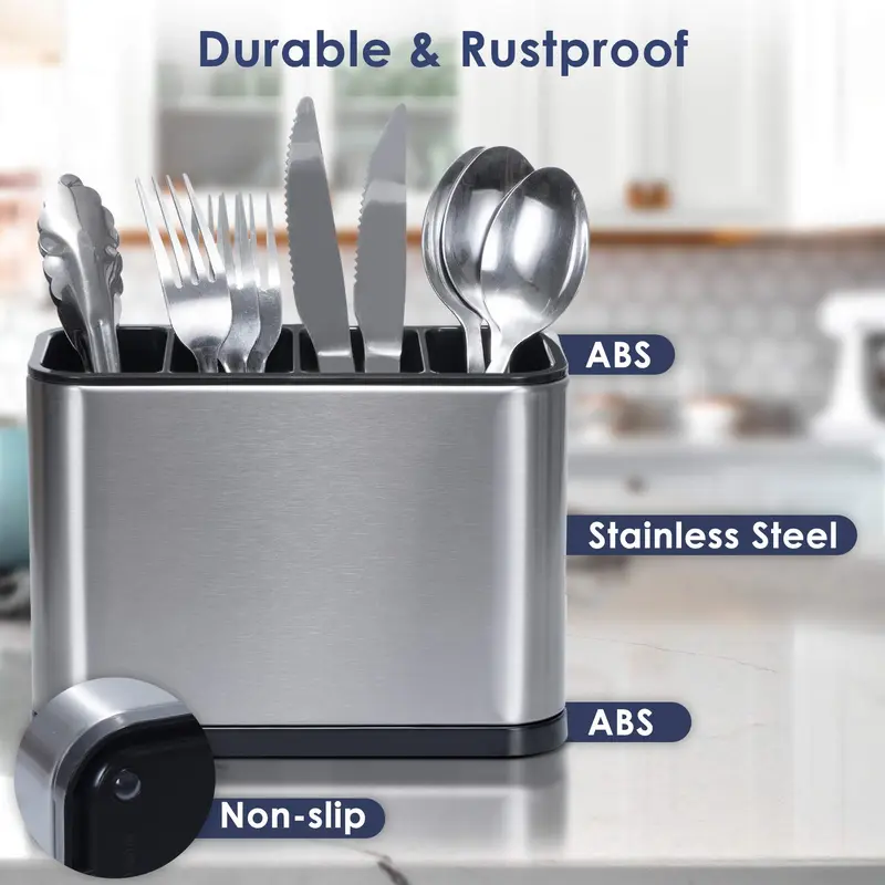 Utensil Crock Holder Caddy Organizer 4 Divider Drip Tray for Kitchen Countertop Stainless Steel ABS Anti Slip Scratch Rustproof