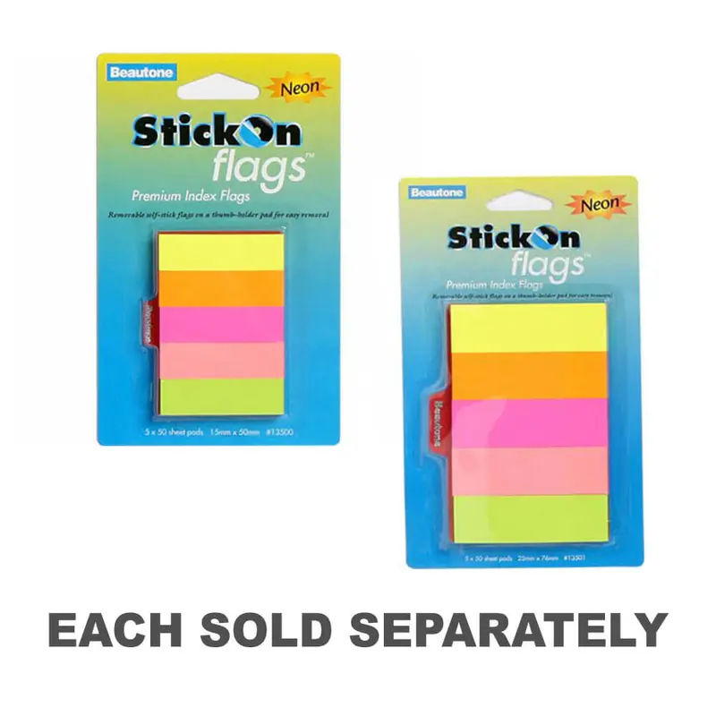 Beautone Stick On Flags 250 Sheets (Assorted Neon)15x50mm